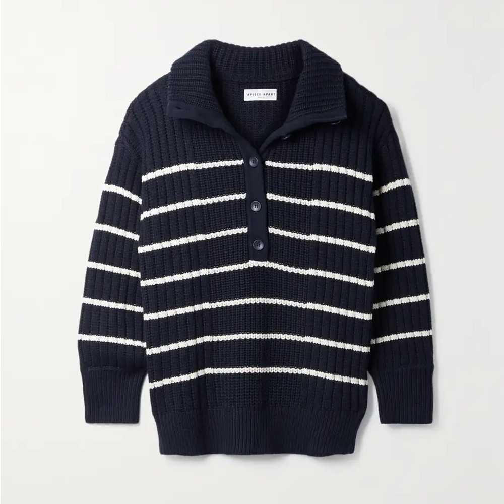Apiece Apart Paloma Mock Striped Cotton & Cashmere Cozy Sweater - Navy & Cream